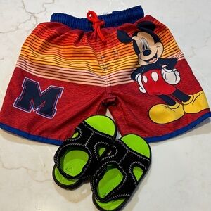 Disney Red and Yellow Mickey Mouse Size 2T Swim Trunks Plus Water Shoes EUC